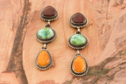 Genuine Sonoran Turquoise and Spiny Oyster Shell Sterling Silver Long Dangle Earrings